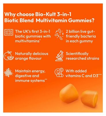 Bio-Kult 3-in-1 Biotic Blend Multivitamin Gummies for Adults, Orange Flavoured 30 Gummies