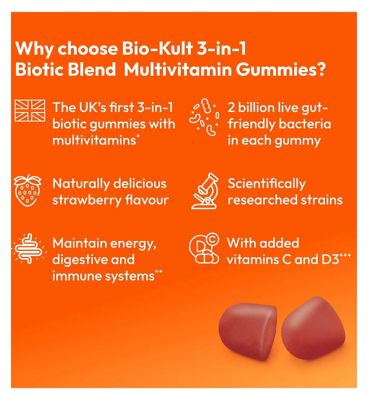 Bio-Kult 3-in-1 Biotic Blend Multivitamin Gummies for Kids, Strawberry Flavoured 30 Gummies