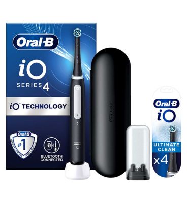 Oral-B iO4 Electric Toothbrush - Black + iO™ Ultimate Clean Black Replacement Electric Toothbrush Heads 4 Pack Bundle