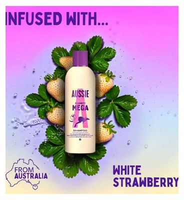 Aussie Mighty Mega Shampoo 400ml. Gently Cleansing Shampoo for Soft and Shiny Hair. Infused with Australian White Strawberry