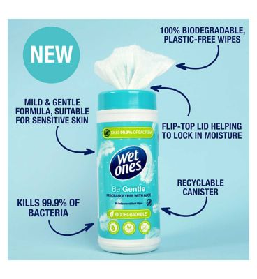 Wet Ones be Gentle Biodegradable Antibacterial Hand Wipes Canister 50s