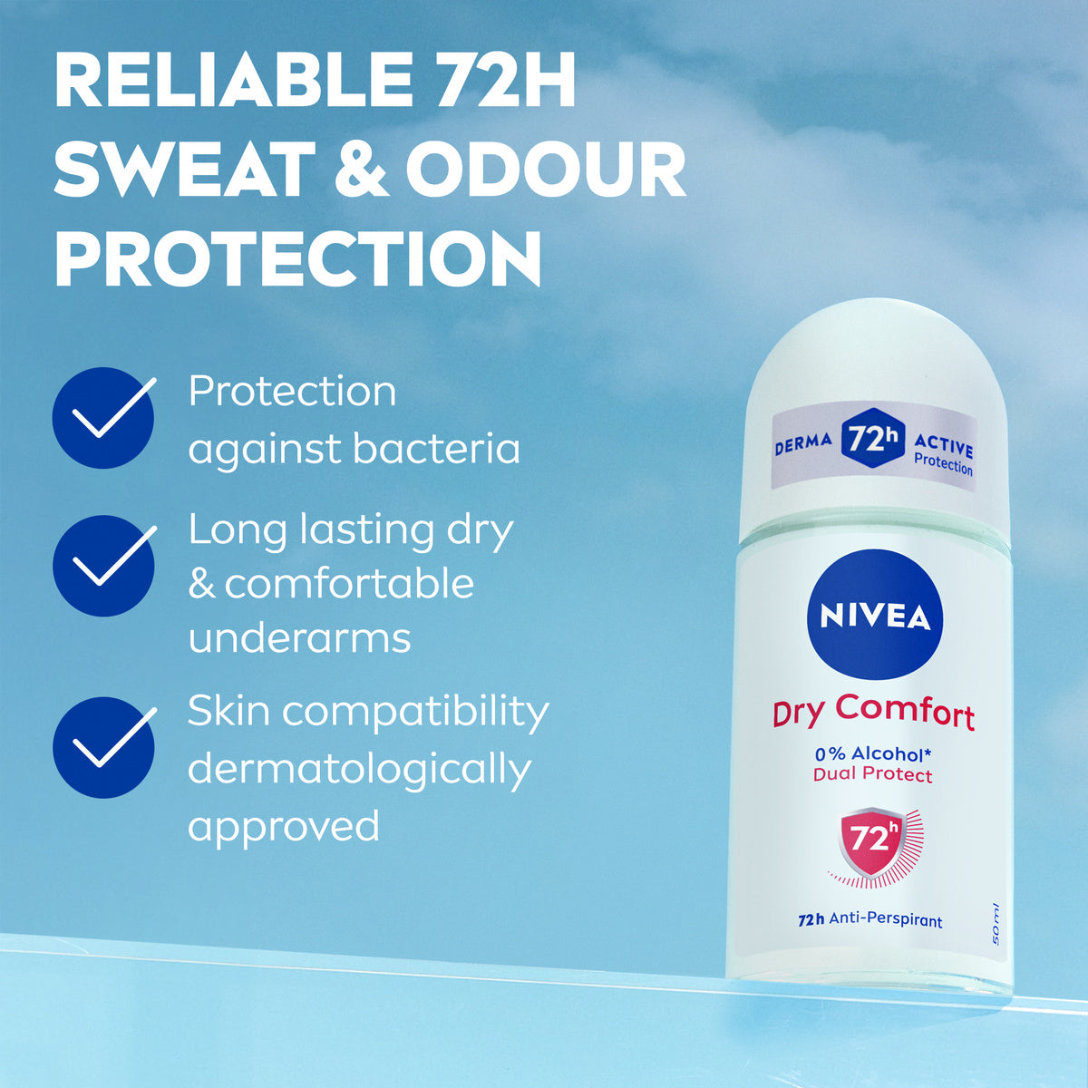 Dry Comfort Anti-perspirants Roll-on For Women, 72h- 50m